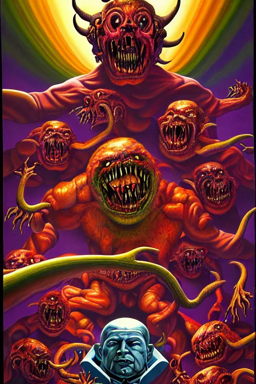 Image similar to a hyperrealistic painting of a grandiose boss fight against evil television, cinematic horror by jimmy alonzo, the art of skinner, chris cunningham, lisa frank, richard corben, highly detailed, vivid color,