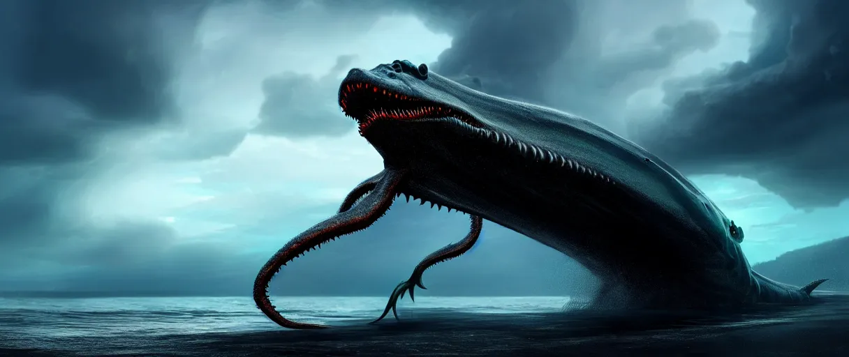 Image similar to a stunning cinematic extreme wide shot of an slick sleek smooth halitrephes maasi sea monster wearing clothes made of seaweed on a dark stormy beach, with huge luminous sad eyes, sharp claws, cgsociety, hd octane render, fantasy, artstation, deviantart, furaffinity, very very clean, super smooth, thunderclouds, thunderstorm