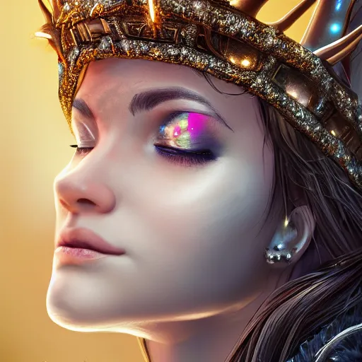 Image similar to highly detailed close up portrait of Artemis, goddess of the hunt and the moon, wearing a crown made of antlers, cinematic lightning, bright colors, intricate, masterpiece, photorealistic, hiperrealistic, sharp focus, high contrast, Artstation HQ, DeviantArt trending, 4k UHD, Unreal Engine 5