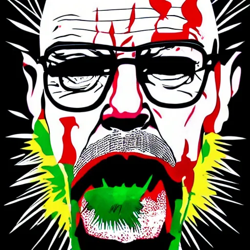 Image similar to die cut sticker, walter white laughing like the joker, splatter paint