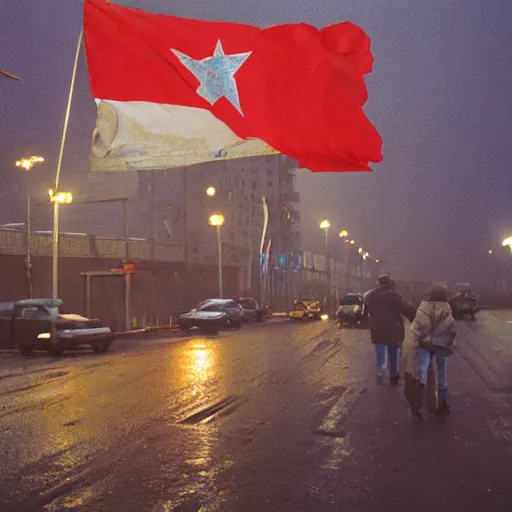 Image similar to 1990s movie , orbit space soviet city Norilsk street with many pedestrians as a loading screen , Cinestill 800t 18mm, heavy grainy picture, very detailed, high quality, 4k panoramic, dramatic lightning, streetlight at night, rain, mud, foggy, soviet flags