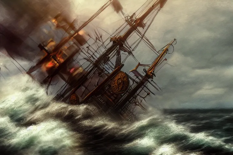 Image similar to epic pirate ship cannon battle in a storm, in the style of vernon grant and chris van allsburg, raging stormy sea, trending on artstation, bright tilt - shift camcorder effect, photoshop, retrowave, hyperrealism, octane, sharp focus, masterpiece