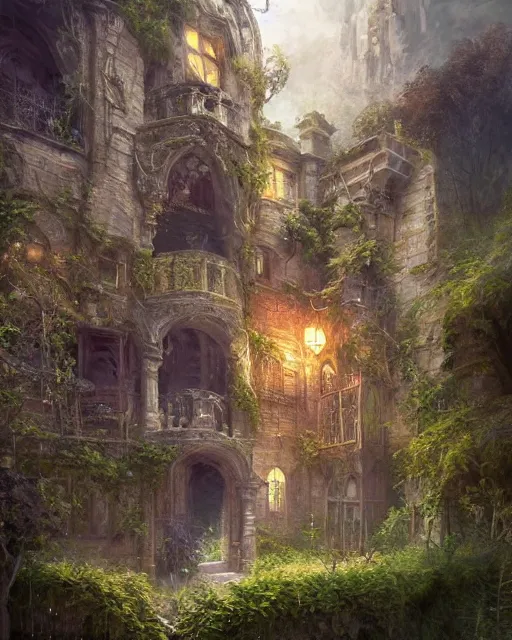 Image similar to detailed portrait of portly monk house as a mage, magical, bright spells, fantasy, ruins, overgrown plants, atmosphere, 8 k high definition, insanely detailed, intricate, by charlie bowater, johan grenier