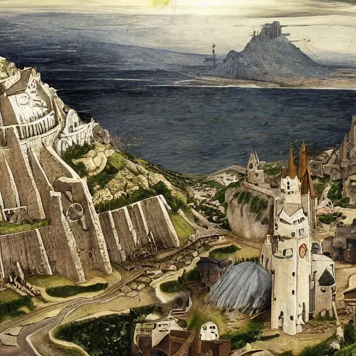 Image similar to Minas Tirith by Bruege and Hokusail, masterpiece