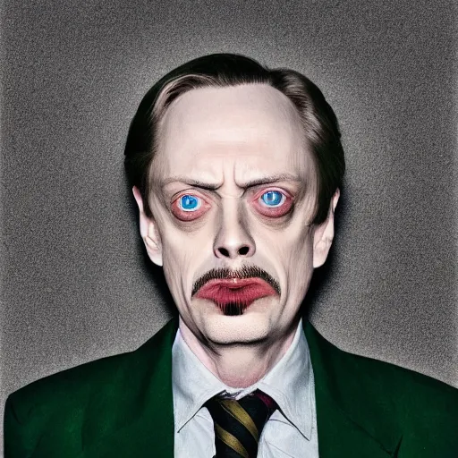 Prompt: 'Steve Buscemi as Lord Voldemort, Harry Potter movie style, cold and dark green vibes'