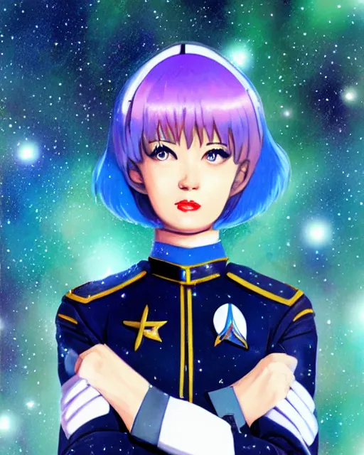 Prompt: Portrait of Rei Ayanami, as a Starfleet officer, Starfleet uniform, stars, nebula, sparkling, bokeh, 50mm, highly detailed by Paul Lehr