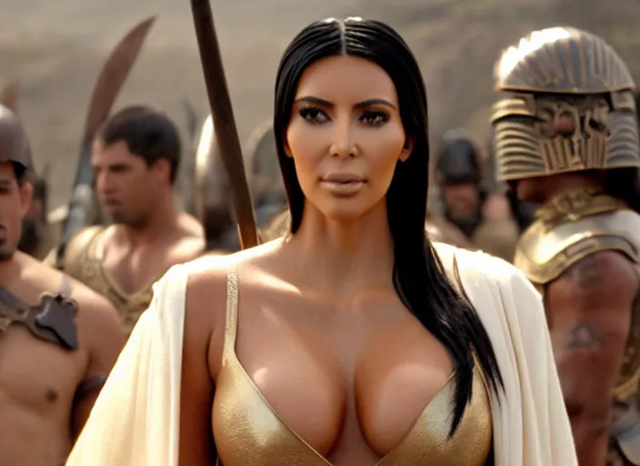 Prompt: film still of kim kardashian as leonidas in 3 0 0 movie, 8 k