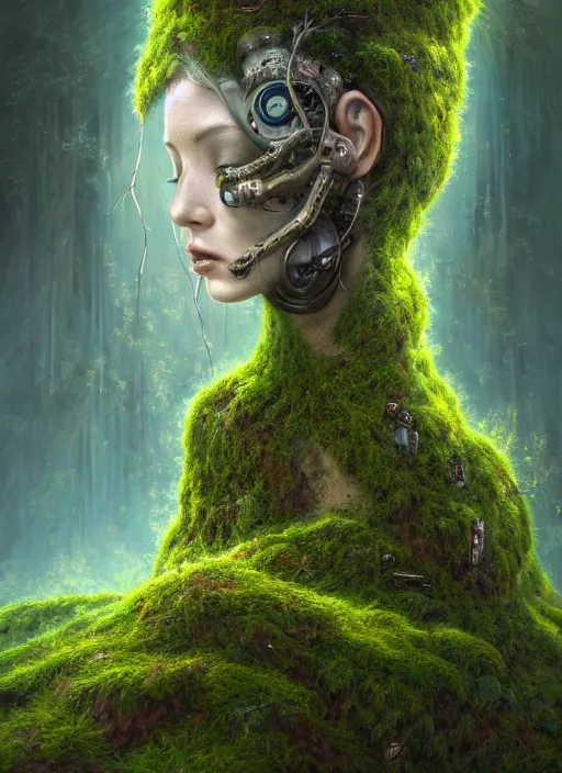 Image similar to Portrait of an Ancient Robot with a tree growing out of her head, patches of moss, translucent leaves, extremly detailed digital painting, in the style of Tomasz Alen Kopera and Fenghua Zhong and Peter Mohrbacher, mystical colors, rim light, beautiful lighting, 8k, stunning scene, raytracing, octane, trending on artstation