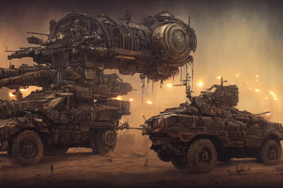 Prompt: steampunk style military vehicle with guns, red neon lights, by HR Giger and Beksiński and Stephan Martiniere , 4k resolution, detailed, trending on artstation
