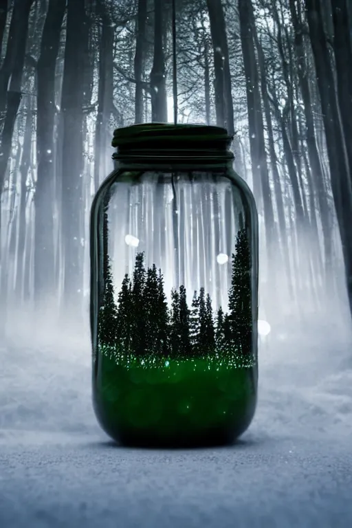 Prompt: close up of a glass jar with a moonlit winter forest inside, standing in a green forest in the summer, bokeh, intricate detail, highly detailed, hyperrealistic, volumetric lighting, ray tracing, cgsociety, sense of awe, mystical, 8 k, digital art