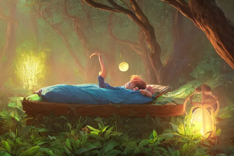 Prompt: a beautiful illustration of a little cute boy in his bed dreaming about a beautiful green forest, fantasy, intricate, epic lighting, cinematic composition, hyper realistic, 8 k resolution, unreal engine 5, by artgerm, tooth wu, dan mumford, beeple, wlop, rossdraws, james jean, marc simonetti, artstation