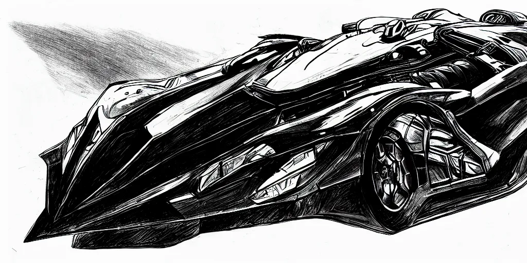 Image similar to ballpoint pen drawing of the batmobile, batman, arkham knight