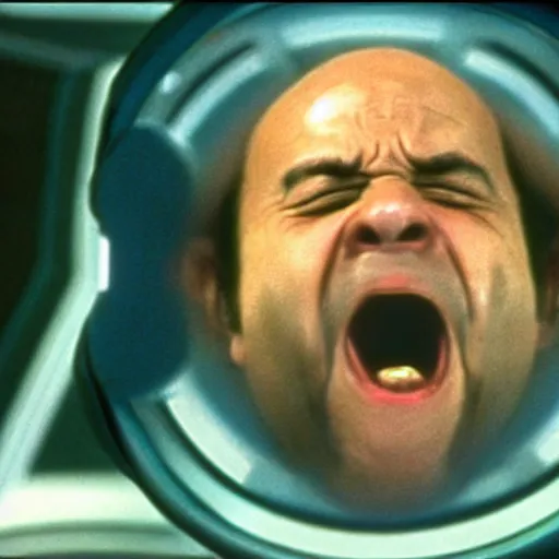 Image similar to A still of Danny Devito screaming in 2001: A Space Odyssey