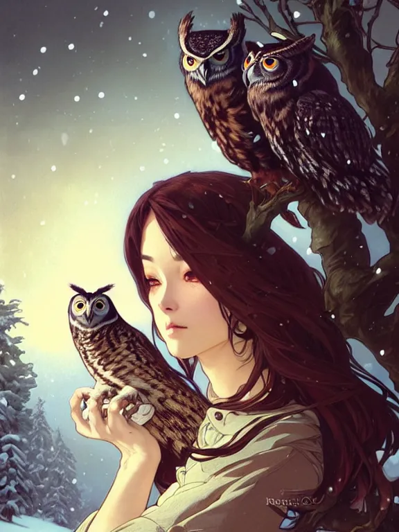 Image similar to full body picture of a huntress with owls in the winter, bored, coveted, beautiful and aesthetic, intricate, unreal engine, messy hair, highly detailed, detailed face, smooth, sharp focus, chiaroscuro, manga illustration, artgerm, greg rutkowski, ilya kuvshinov, rossdraws, alphonse mucha, young adult light novel cover art