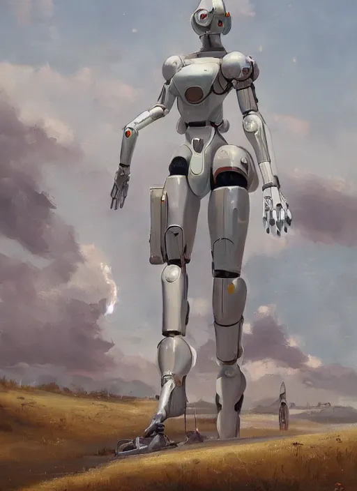 Image similar to a sensual oil painting of a giant pristine white humanoid feminine figure mecha with rounded components by simon stalenhag, inspired by nier automata, clean white lab background