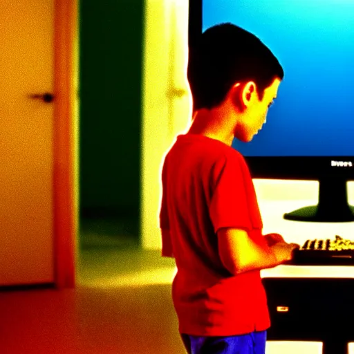 Prompt: defined colours 4k professional photograph of a standing figure of a five years old boy in front of a PC computer from 90s in the bedroom. from the 1994 Movie by Terrence Malick and Gaspar Noé and Alan Parker. high resolution, ultra details, high quality