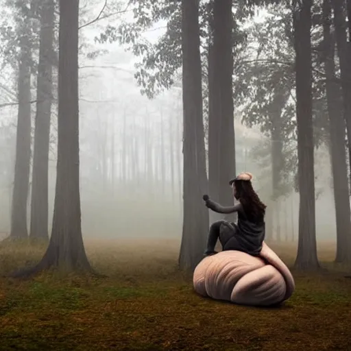 Prompt: Woman riding a snail through a misty forest
