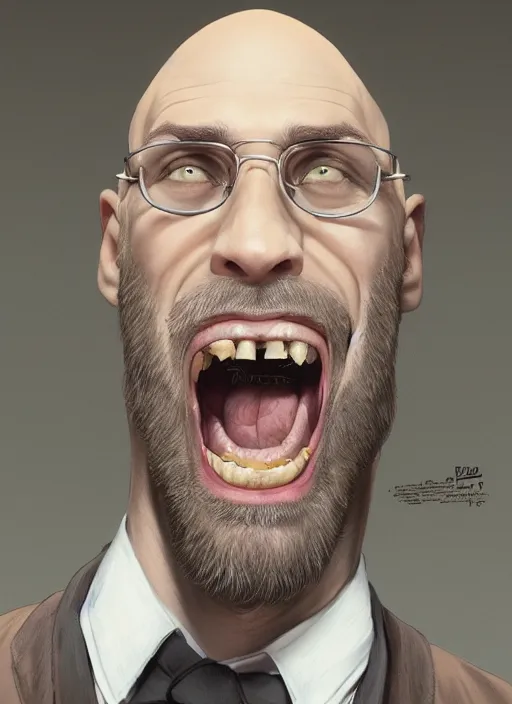 Prompt: portrait of a bald screaming soyboy!!, wearing square glasses!, short beard, screaming excided!!, intricate, elegant, highly detailed, digital painting, artstation, biolusence, concept art, smooth, sharp focus, illustration, art by artgerm and greg rutkowski and alphonse mucha, horizon zero dawn 8 k