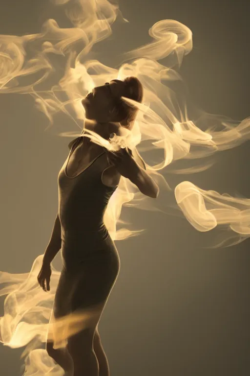 Image similar to a woman turning into smoke, dancing, atmospheric, octane render, volumetric light