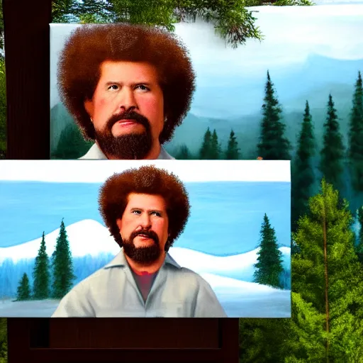 Image similar to a closeup photorealistic photograph of bob ross detailing a canvas painting of kenny powers. mountains and trees. film still. brightly lit scene. this 4 k hd image is trending on artstation, featured on behance, well - rendered, extra crisp, features intricate detail, epic composition and the style of unreal engine.