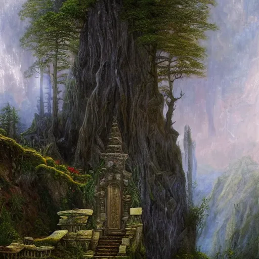 Image similar to a beautiful and highly detailed oil painting of an elven temple in the mountains, detailed trees and cliffs, forgotten valley, swirling mist, lush forests, intricate details, epic scale, insanely complex, 8 k, sharp focus, hyper realism, fantasy landscape, psychedelic, by caspar friedrich,