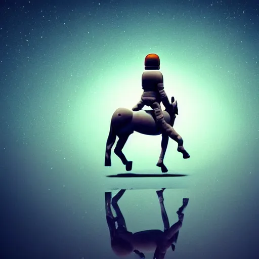 Image similar to an astronaut standing on the ground and a small trippy aggressive centaur standing on that poor human being standing on all fours astronaut, really trying to ride it, the horse is on his shoulders and grabbing them, the astronaut is holding the legs with his arms, minimalist style, 3 d render, isometry