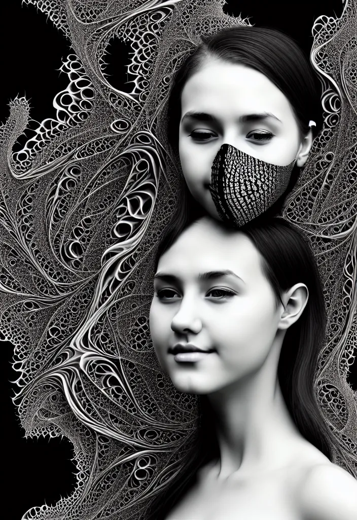 Image similar to young beautiful woman with a partially face covering mask. fractal, mandelbulb, scribble art. black and white, black on black. intricate, elegant, super highly detailed, professional digital painting, smooth, 8k, 3D, beautiful, cinematic. art deco, art nouveau.