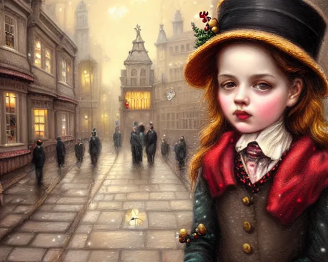 Image similar to closeup profile portrait of victorian london streets, nicoletta ceccoli, mark ryden, lostfish, max fleischer, hyper realistic, artstation, illustration, digital paint, matte paint, vivid colors, bright, cheerful, detailed and intricate christmas environment