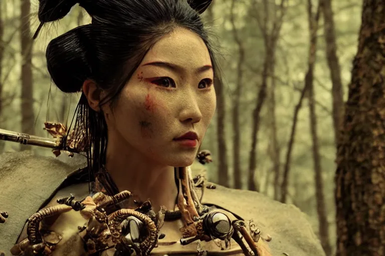 Prompt: vfx movie scene closeup ancient nomad cyborg warrior geisha in a smoldering forest. by emmanuel lubezki