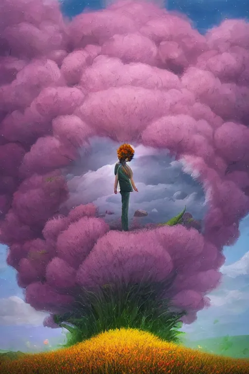 Prompt: closeup, giant flower as head mohawk, a woman in a heather field, surreal photography, starlight, storm clouds, impressionist painting, digital painting, artstation, simon stalenhag