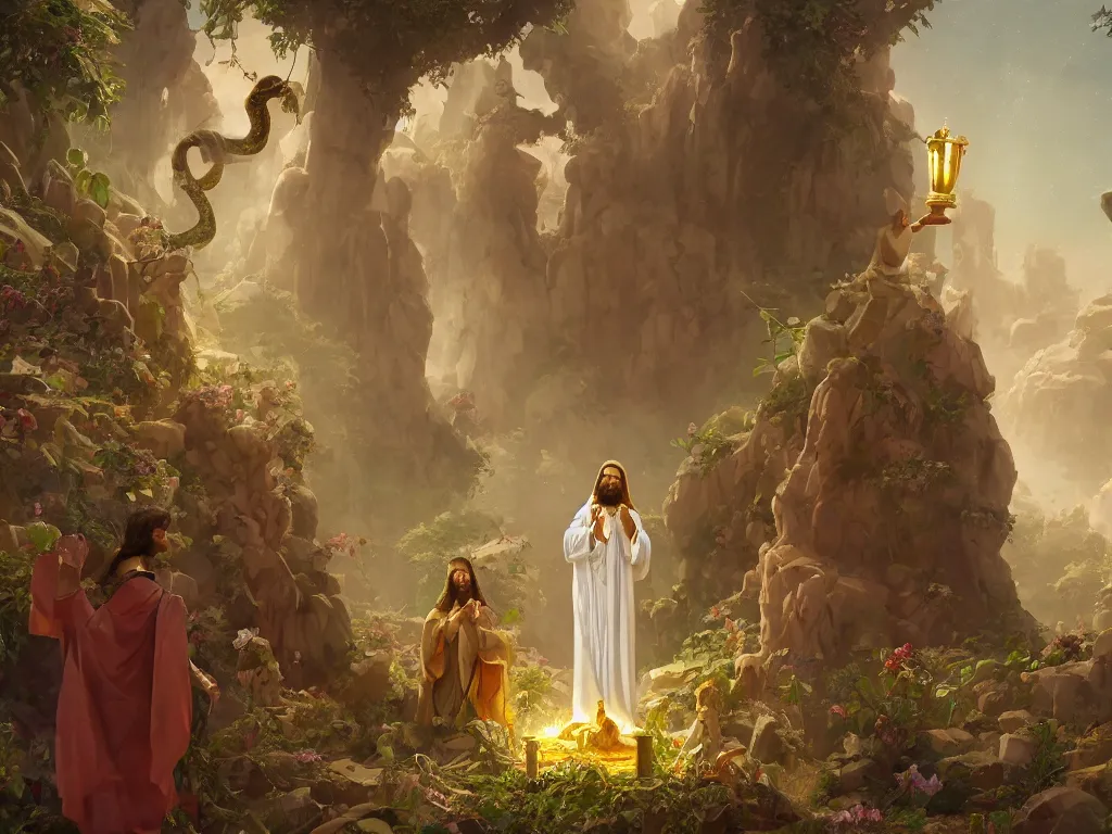 Image similar to the agony in the garden, Jesus on the left, a serpent nearby, and an angel holding a chalice, by goro fujita, trending on artstation, 8k, highly detailed, digital graphic art