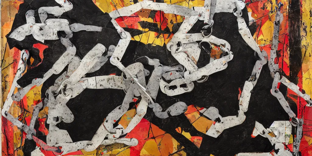 Prompt: mad dog on a chain, collage, sweeping paper and acrylic on canvas, minimalism and expressionism movement, breathtaking detailed, by blake neubert