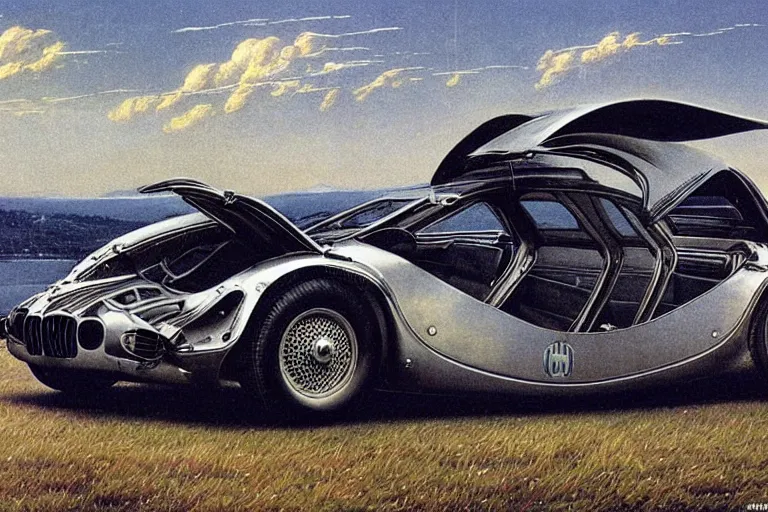 Image similar to intricate, 3 d, 1 9 3 4 bmw m 1, style by caspar david friedrich and wayne barlowe and ted nasmith.