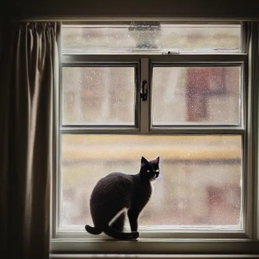 Prompt: A beautiful photograph of a cat looking out the window on a rainy day.