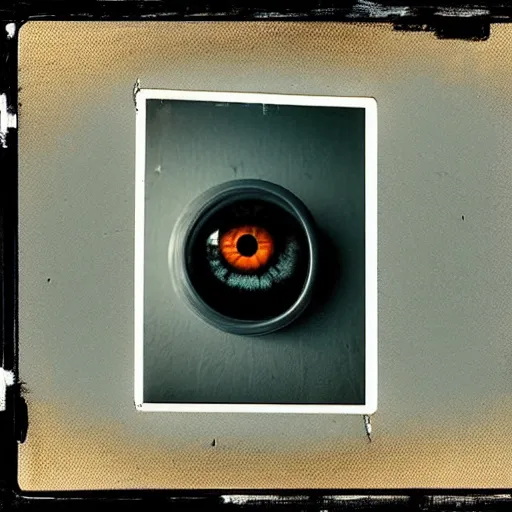 Image similar to small and dark concrete room with an old tv showing a pair of eyes, creepy, eerie, old polaroid, expired film,