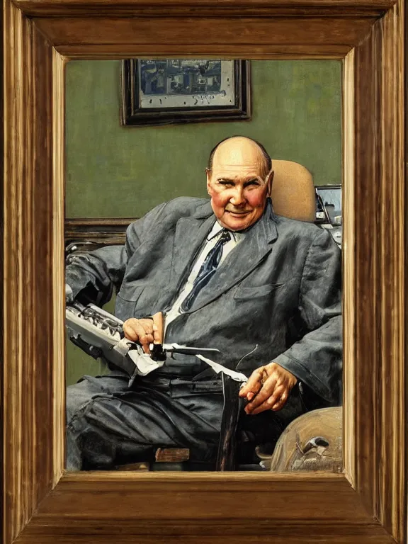 Image similar to portrait of robert a heinlein sitting at a typewriter, in a style blend of norman rockwell and frederick remington and mort kunstler, oil painting, volumetric lighting, intricate details