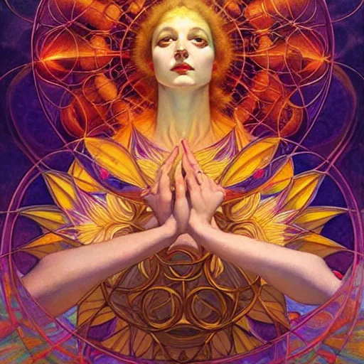 Prompt: psychedelic angelic celestial being artwork of esao andrews frank xavier leyendecker, energy body, sacred geometry, esoteric art, divinity detailed, saturated colors,