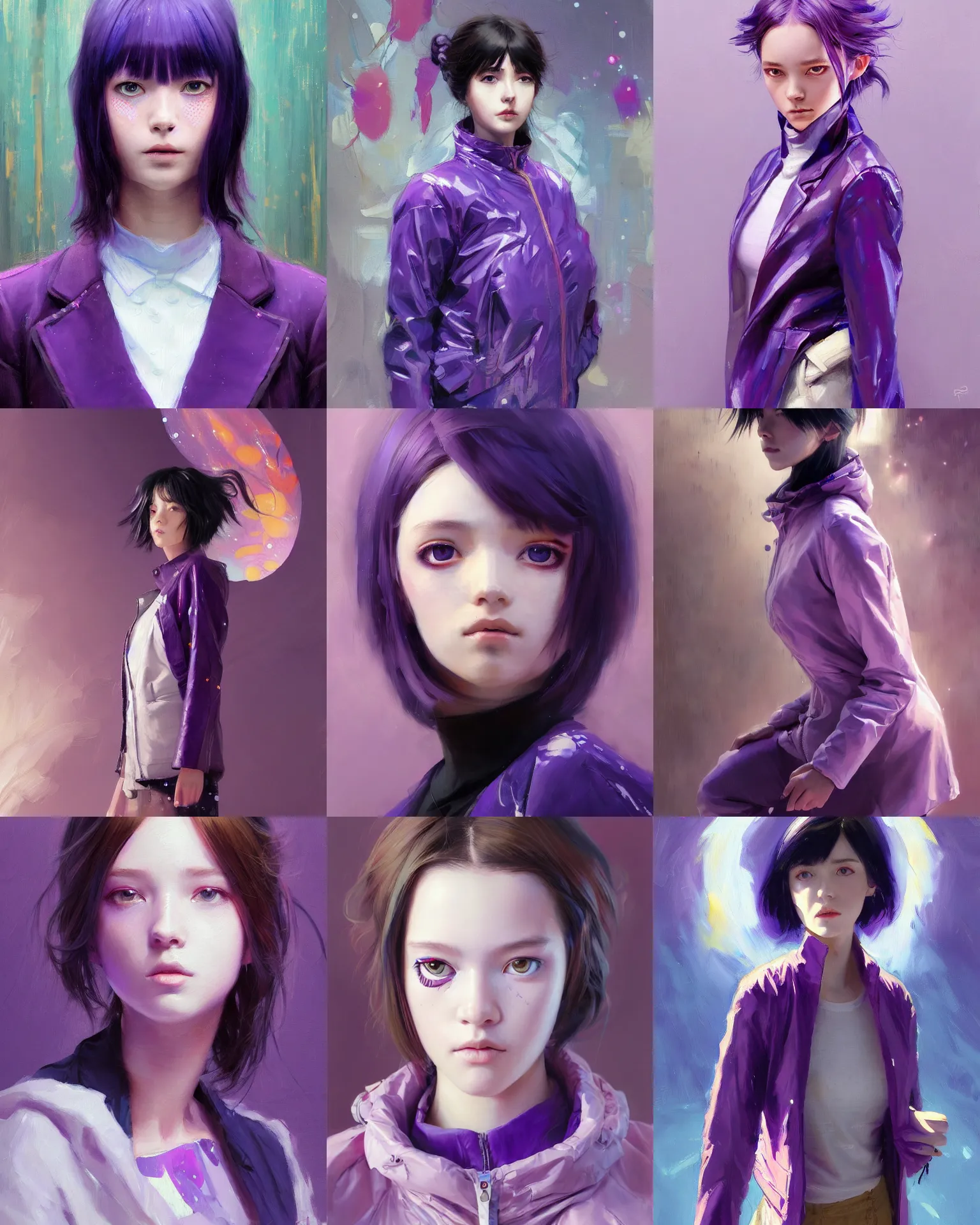 Image similar to a painting of a fully dressed girl wearing a jacket upper body with beautiful purple galaxy eyes, highly detailed, digital painting, artstation, sharp focus, dreamy illustration, art by katsuhiro otomo ghost - in - the - shell, artgerm, jeremy lipkin and giuseppe dangelico pino and michael garmash and rob rey