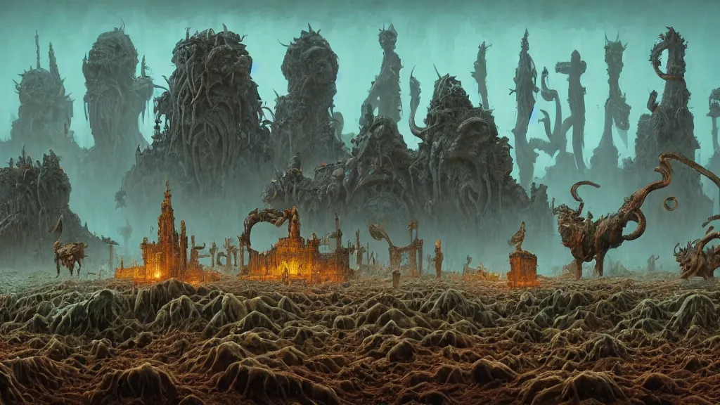 Prompt: the ancient manifestation of evil in a sea of rabid dogs, intricate, detailed, volumetric lighting, sharp focus, scenery, photorealism, digital painting, highly detailed, concept art, by roger dean and simon stalenhag and mark brooks