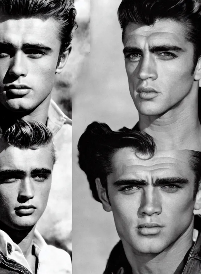 Prompt: genetic combination of james dean, elvis presley, sean connery, and boris karloff. gaunt, handsome, beautiful, striking, chiseled. prominent cheekbones, deep dimples, strong jaw.