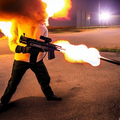 Image similar to man firing ar - 1 5, muzzle flash visible at the end of the barrel, highly detailed, photograph, firepower united