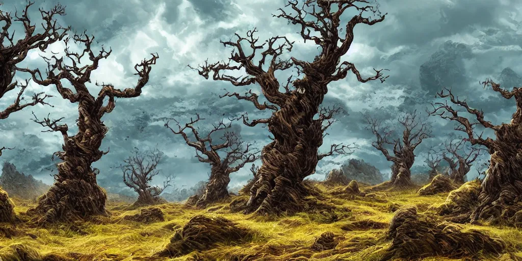 Prompt: rocky landscape of bent keeled toppled windswept trees, background is soilless rocky terrain, high quality fantasy art, 4k