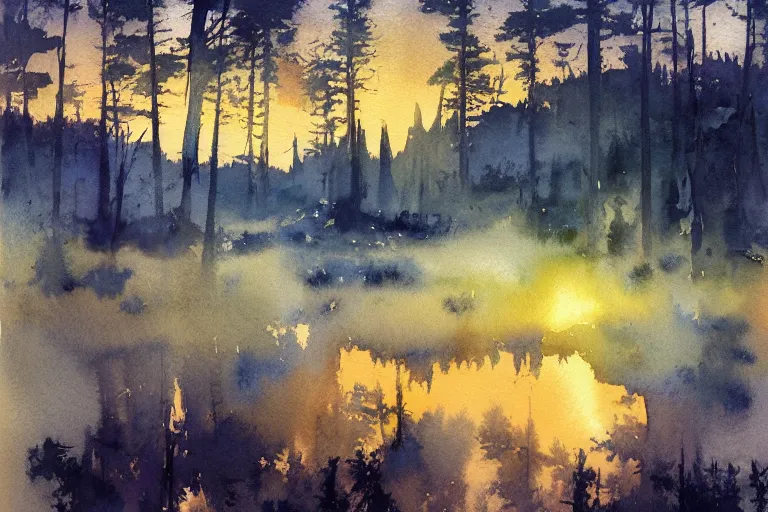 Image similar to small centered on watercolor paper, paint brush strokes, abstract watercolor painting of golden night at mini lake, heavy pine forest, cinematic light, american romanticism by hans dahl, by jesper ejsing, by anders zorn, by greg rutkowski, by greg manchess, by tyler edlin