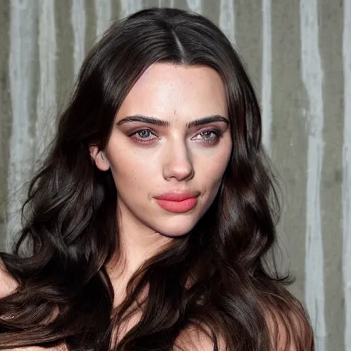 Image similar to a woman who is a genetic combination of kim kardashian and kat dennings and scarlett johansson and margot robbie and emma watson, face and upper - body focus, detailed eyes