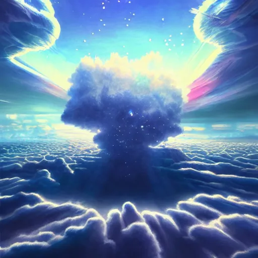 Prompt: beautiful surreal scenery artwork pixiv. gigantic architectural modern design node network of cloud computing soul dust. unthinkable dream cloud computer vast expanding lush worldly infinites. sublime god lighting, sun rays, cold colors. insanely detailed, artstation!! pixiv!! infinitely detailed