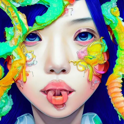 Prompt: the face of a ridiculously beautiful and pretty japanese girl partially made of onion rings of all colors looking down, an ultrafine detailed illustration by james jean, final fantasy, intricate linework, bright colors, behance contest winner, vanitas, angular, altermodern, unreal engine 5 highly rendered, global illumination, radiant light, detailed and intricate environment