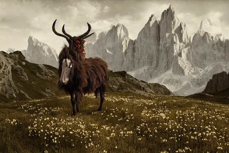 Prompt: portrait of a tyrolean folklore mask, dark, eerie , wearing hay coat, with horns, eerie, flowers growing out of his body, dolomites in the background, detailed intricate insanely detailed octane render, 8k artistic 1920s photography, photorealistic, chiaroscuro, by David Cronenberg, Raphael, Caravaggio