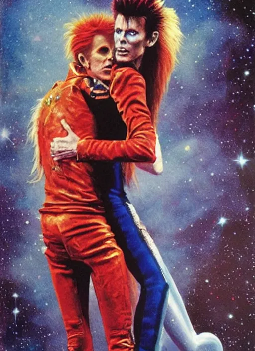 Prompt: david bowie giving a piggy back ride to ziggy stardust. glam rock. cosmic. peter elson.