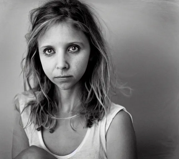 Image similar to award winning photo of Sarah Chalke, symmetrical face by Sally Mann