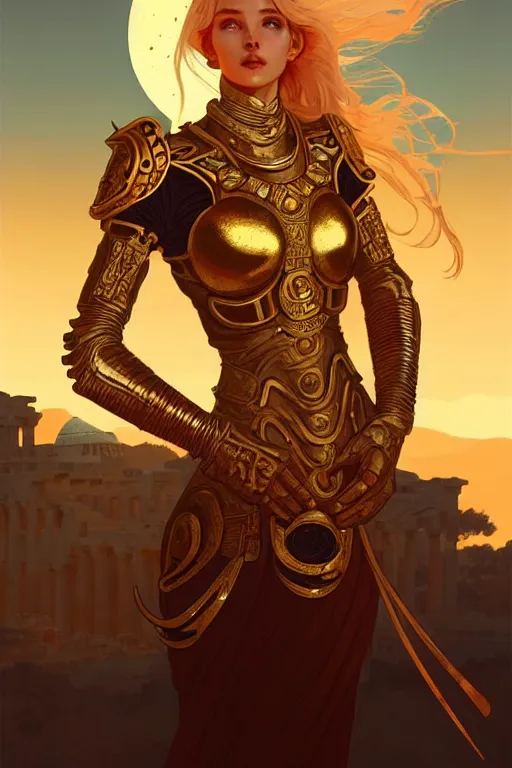 Image similar to portrait knights of zodiac girl, golden and copper shining armor, in ruined agora of athens sunrise, ssci - fi and fantasy, intricate and very very beautiful and elegant, highly detailed, digital painting, artstation, concept art, smooth and sharp focus, illustration, art by tian zi and ilya kuvshinov and wlop and alphonse mucha